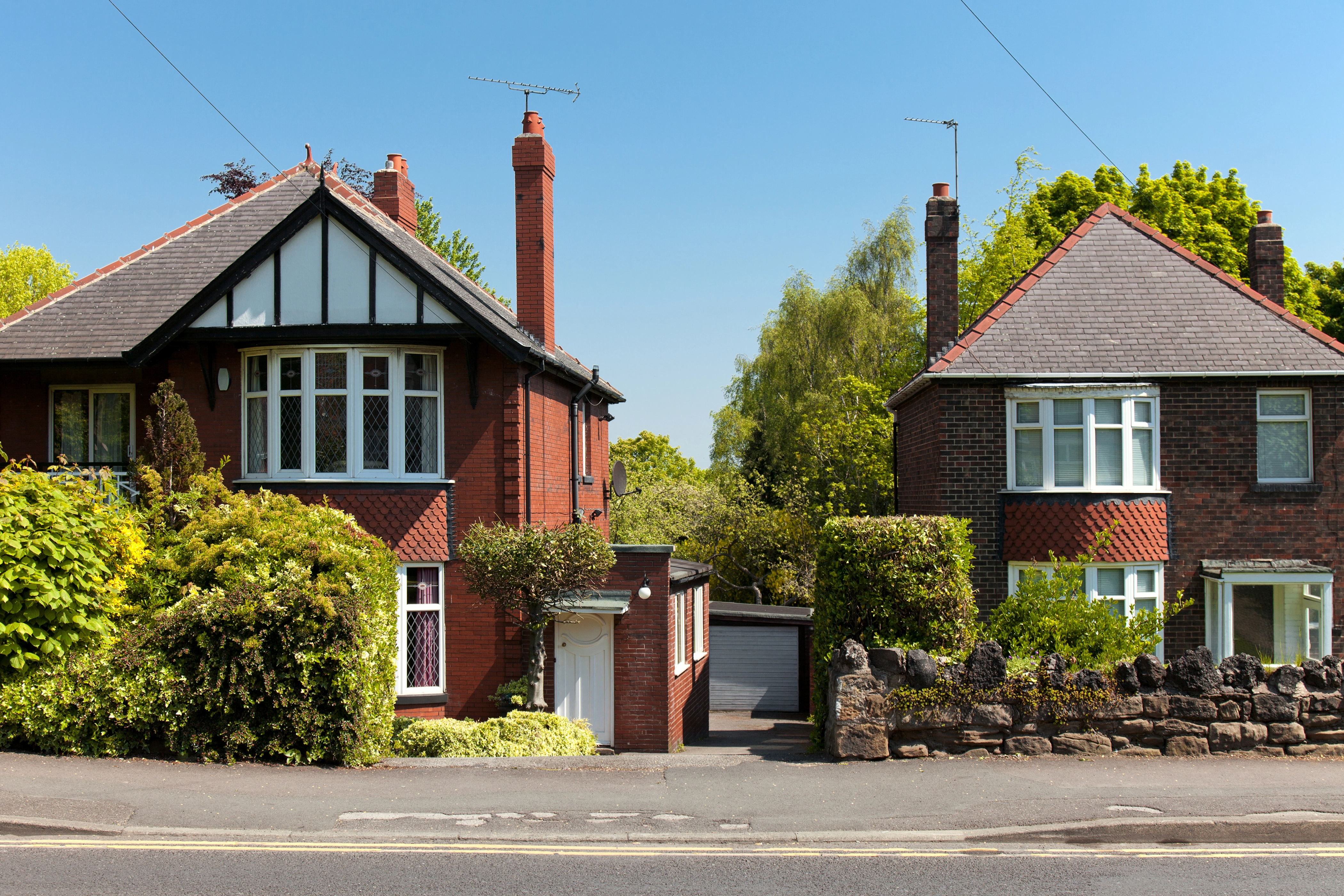 Two Victorian-style homes with bay windows and gable roofs surrounded by greenery.