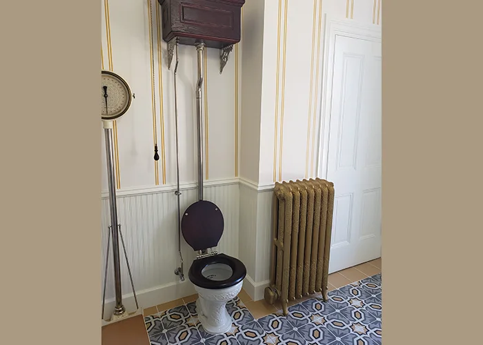 Victorian bathroom with high-tank toilet, ornate radiator, and patterned tile floor.